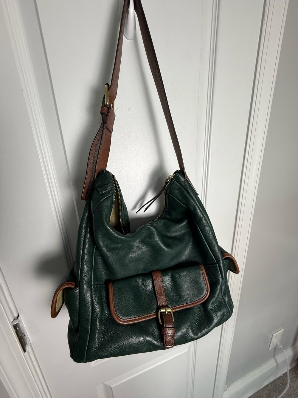 Isaac Mizrahi Dark Green Leather Messenger Bag with Brown Trim - Picture 2 of 9